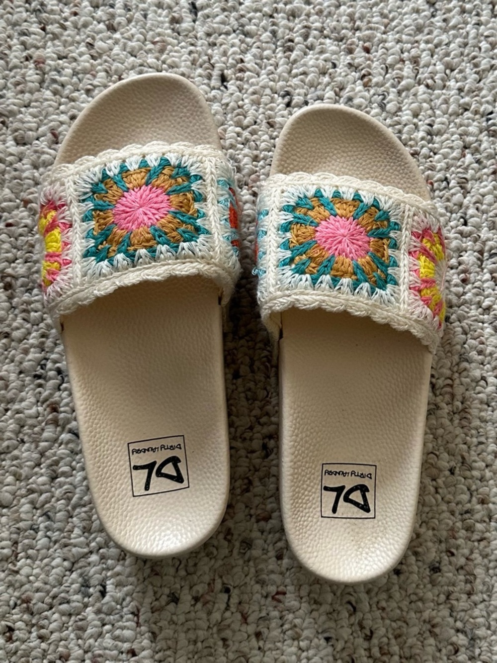 Dirty Laundry Women’s Slide Sandals with Pink, Turquoise‎ & Yellow Crochet